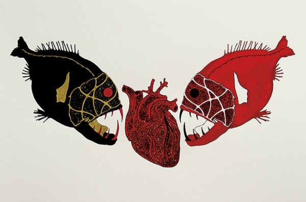 Illustrazione di una coppia di pesci che stanno per sbranare un cuore